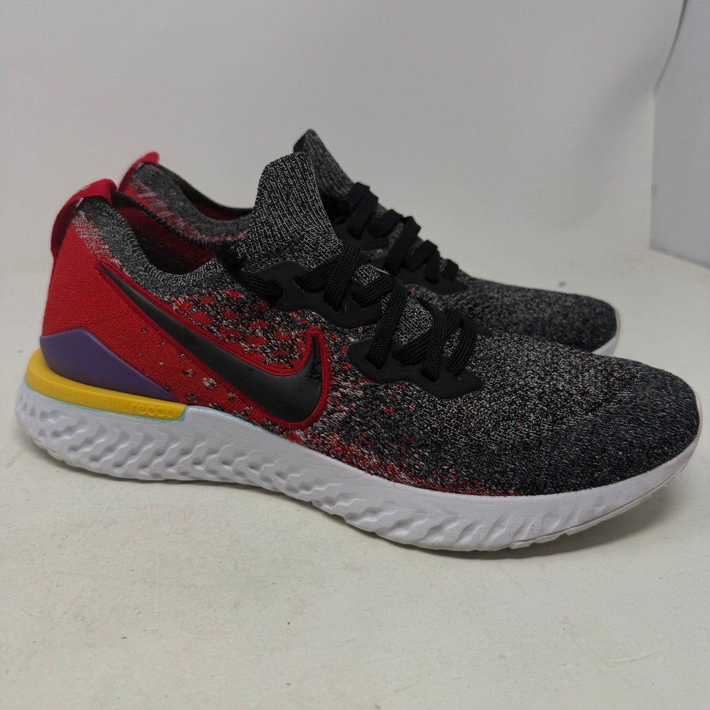 Nike Running Shoes Mens 10 Epic React Flyknit Black Red Multi-Color EUC